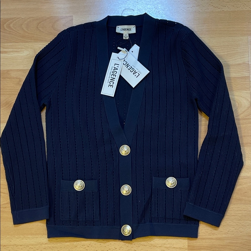 L'AGENCE Midnight Blue Knit Cardigan with Metallic Buttons